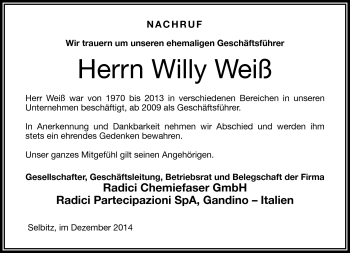 Traueranzeige von Willy Weiß von Frankenpost