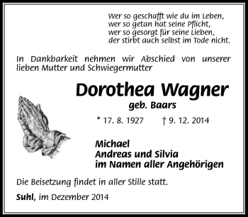Traueranzeige von Dorothea Wagner von Südthüringer Presse