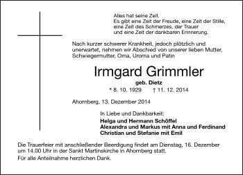 Traueranzeige von Irmgard Grimmler von Frankenpost