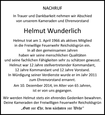Traueranzeige von Helmut Wunderlich von Frankenpost