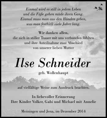 Traueranzeige von Ilse Schneider von Südthüringer Presse