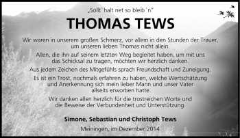 Traueranzeige von Thomas Tews von Südthüringer Presse