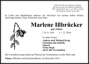 Traueranzeige von Marlene Ißbrücker von Südthüringer Presse