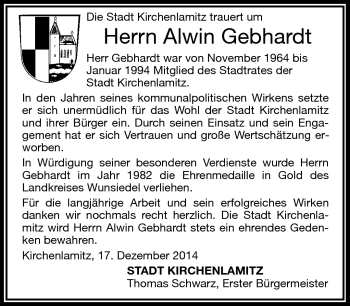 Traueranzeige von Alwin Gebhardt von Frankenpost