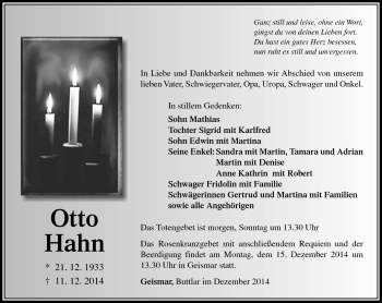 Traueranzeige von Otto Hahn von Südthüringer Presse