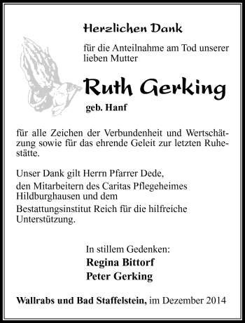 Traueranzeige von Ruth Gerking von Südthüringer Presse