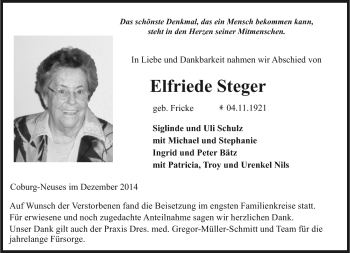 Traueranzeige von Elfriede Steger von Neue Presse Coburg