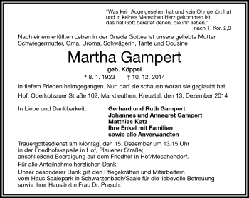 Traueranzeige von Martha Gampert von Frankenpost