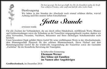 Traueranzeige von Jutta Staude von Südthüringer Presse