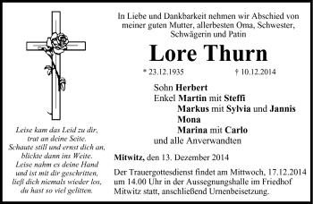 Traueranzeige von Lore Thurn von Neue Presse Coburg