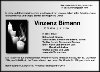 Traueranzeige von Vinzenz Bimann von Südthüringer Presse