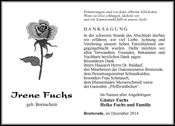 Traueranzeige von Irene Fuchs von Südthüringer Presse