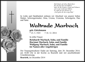 Traueranzeige von Waltrude Marbach von Südthüringer Presse