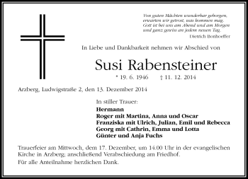Traueranzeige von Susi Rabensteiner von Frankenpost