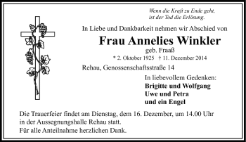 Traueranzeige von Annelies Winkler von Frankenpost