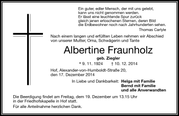 Traueranzeige von Albertine Fraunholz von Frankenpost