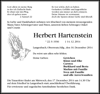 Traueranzeige von Herbert Hartenstein von Frankenpost