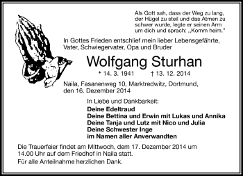 Traueranzeige von Wolfgang Sturhan von Frankenpost