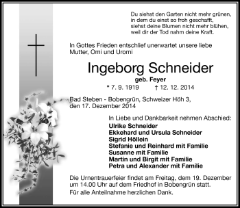 Traueranzeige von Ingeborg Schneider von Frankenpost