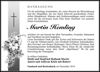 Traueranzeige von Martin Hemling von Südthüringer Presse