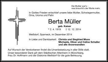 Traueranzeige von Berta Müller von Frankenpost