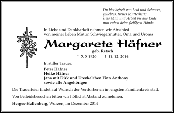 Traueranzeige von Margarete Häfner von Südthüringer Presse