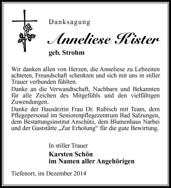 Traueranzeige von Anneliese Kister von Südthüringer Presse