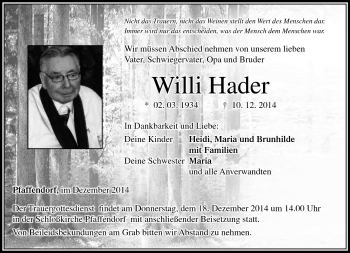 Traueranzeige von Willi Hader von Neue Presse Coburg