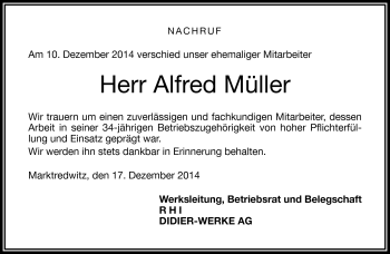 Traueranzeige von Alfred Müller von Frankenpost