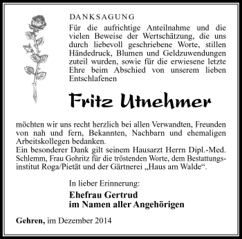Traueranzeige von Fritz Utnehmer von Südthüringer Presse