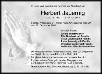 Traueranzeige von Herbert Jauernig von Frankenpost