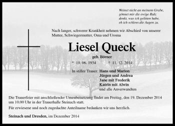Traueranzeige von Liesel Queck von Südthüringer Presse
