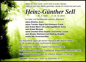 Traueranzeige von Heinz-Günther Sell von Südthüringer Presse