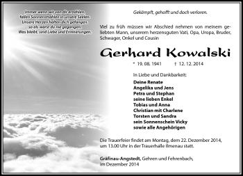 Traueranzeige von Gerhard Kowalski von Südthüringer Presse