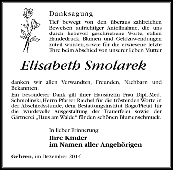Traueranzeige von Elisabeth Smolarek von Südthüringer Presse