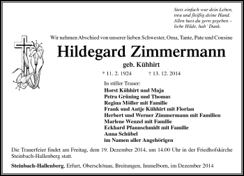 Traueranzeige von Hildegard Zimmermann von Südthüringer Presse