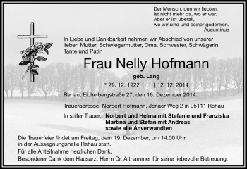 Traueranzeige von Nelly Hofmann von Frankenpost
