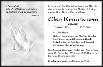 Traueranzeige von Else Krautwurm von Südthüringer Presse