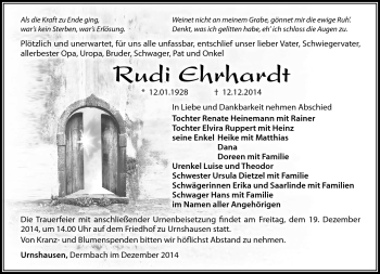Traueranzeige von Rudi Erhardt von Südthüringer Presse