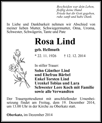 Traueranzeige von Rosa Lind von Südthüringer Presse