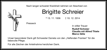 Traueranzeige von Brigitte Schreier von Frankenpost