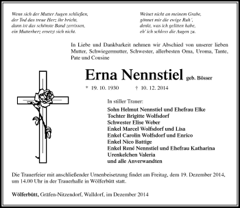 Traueranzeige von Erna nennstiel von Südthüringer Presse