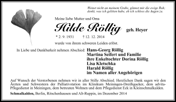 Traueranzeige von Hilde Röllig von Südthüringer Presse