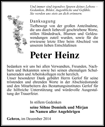 Traueranzeige von Peter Heinz von Südthüringer Presse