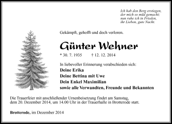Traueranzeige von Günter Wehner von Südthüringer Presse