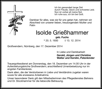 Traueranzeige von Isolde Grißehammer von Frankenpost