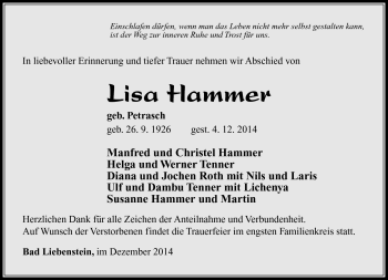 Traueranzeige von Lisa Hammer von Südthüringer Presse