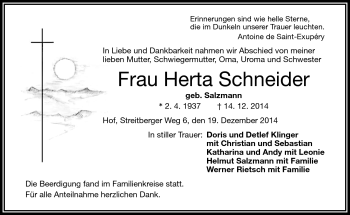 Traueranzeige von Herta Schneider von Frankenpost