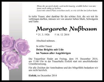 Traueranzeige von Margarete Nußbaum von Südthüringer Presse
