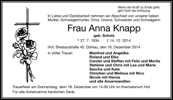 Traueranzeige von Anna Knapp von Frankenpost